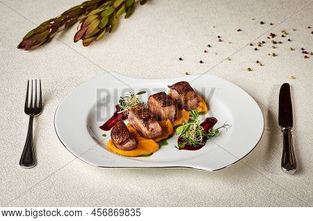 Marinated Duck Breast Grilled And Casserole With Mango Puree