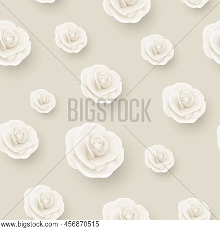 Vector Flower Seamless Pattern, White Realistic 3d Roses On Beige. Floral Seamless Background. Weddi
