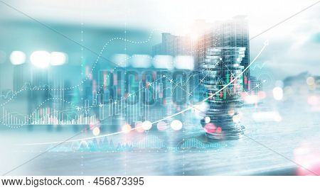 Financial Investment Concept, Stack Of Coins For Finance Investor With  Trading Graph Growth, Bankin