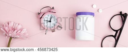 Women Health,middle Age And Menopause Concept. Health Care Style. Copy Space.white Plastic Bottle Wi