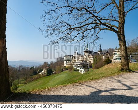 Zurich, Switzerland - March 26th 2022: Majestic Front Of The Luxurious Dolder Grand Hotel