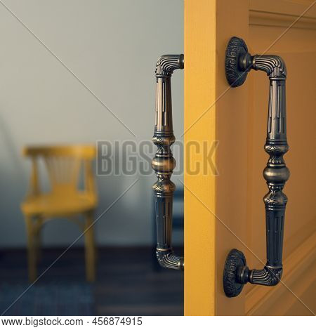 Pull Handles On Rose, Selective Focus. Back To Back Pull Handles, Close Up. House Interior Door Is A