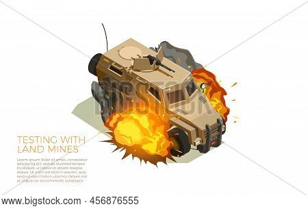 Army Military Armored Fighting Vehicle Testing With Landmines Isometric Poster With Text And Isolate