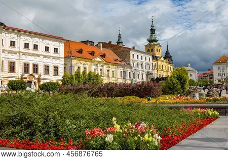Banska Bystrica, Slovakia - August 17, 2021: View Of Snp Square - Colorful Historic Buildings, Bloom