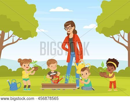 Little Children With Female Teacher Having Botany Lesson Watering Plant Vector Illustration