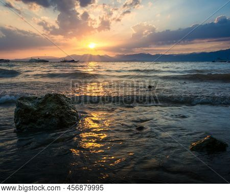 Sunset At Lago Di Garda Eng: Garda Lake In Italy.