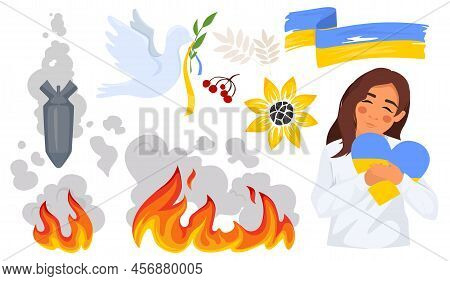 Set Of Icon Elements Dedicated To Ukraine. War In Ukraine.