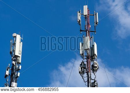 Telecommunication Tower Of 4g And 5g Cellular Communication. Cellular Base Station. Wireless Antenna
