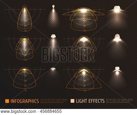 Light Effects Infographics With Bulbs, Lampshades And Schemes Measurements Of Illumination Intensity