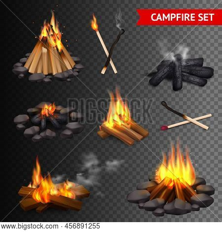 Realistic Campfire Transparent Set Of Isolated Bonfire Images With Lump Wood Stones And Firebrands W
