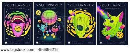 Psychedelic Rave Trip Party Banner Templates Set, Martian Head And Cat With Three Eyes, Mouth With T