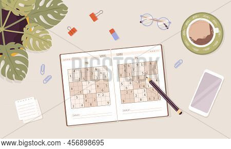 Sudoku Game. Learning And Leisure Concept. Top View Workplace. Task For Development Of Logical Think