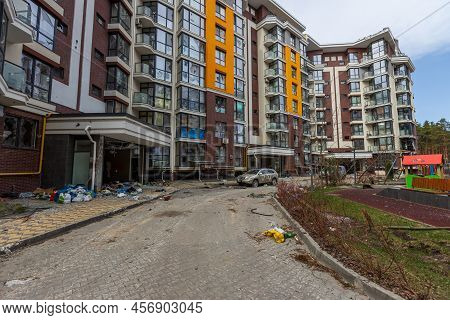 Hostomel, Kyev Region Ukraine - 09.04.2022: Cities Of Ukraine After The Russian Occupation. Destroye