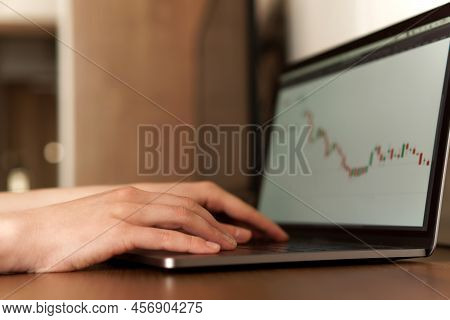 Female Hands Typing Numbers On Laptop. Investment Analysis, Trading Concept. Technology, Digitalizat
