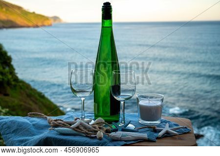 Tasting Of Txakoli Or Chacolí Slightly Sparkling Very Dry White Wine Produced In The Spanish Basque