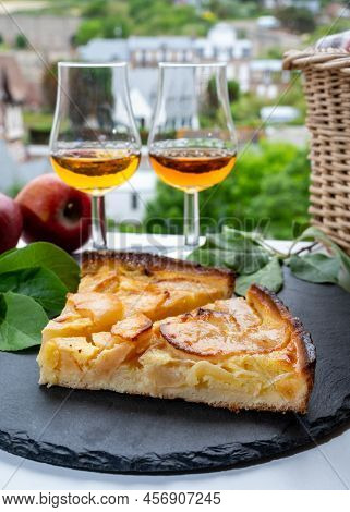 Tasting Of Baked Apple Cake And Strong Alcoholic Drink Calvados Made From Apples In Normandy, Calvad