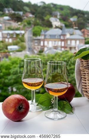 Tasting Of Strong Alcoholic Drink Calvados Made From Apples In Normandy, Calvados Region, France