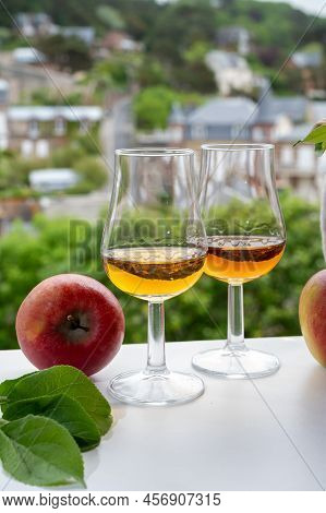 Tasting Of Strong Alcoholic Drink Calvados Made From Apples In Normandy, Calvados Region, France