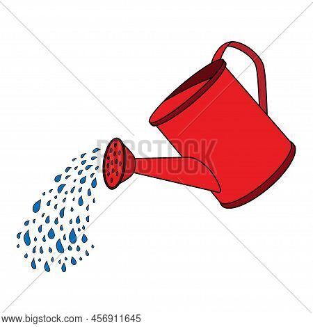 Cartoon Watering Can Sprays Water Drops. Red Garden Water Can. Drops Of Water Falling From A Waterin