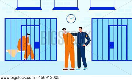 Policeman Leading Criminal To Prison Room. Jail In Police Department, Worker In Uniform Flat Vector 