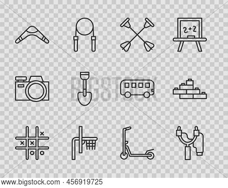 Set Line Tic Tac Toe Game, Slingshot, Arrow With Sucker Tip, Basketball Backboard, Boomerang, Shovel