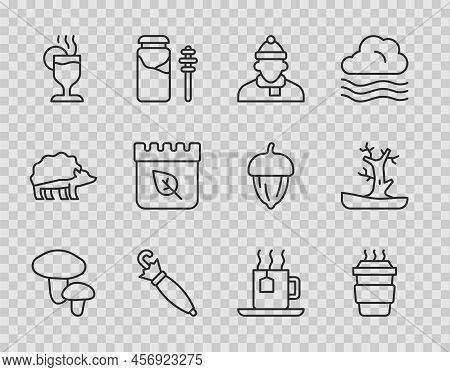 Set Line Mushroom, Coffee Cup To Go, Autumn Clothes, Umbrella, Mulled Wine, Calendar With Autumn Lea