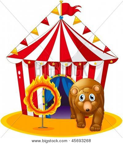 Ilustração de uma tenda vermelha na parte traseira de um urso e um anel em chamas em um fundo branco