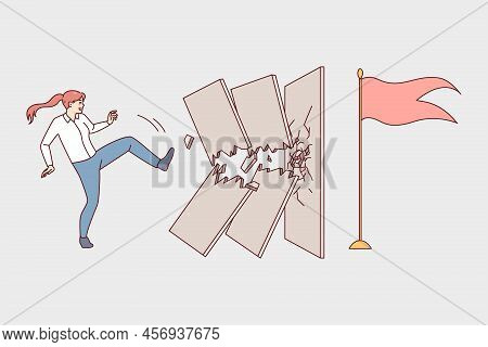 Determined Woman Break Wall With Leg Kick. Motivated Businesswoman Find Way To Overcome Obstacles An