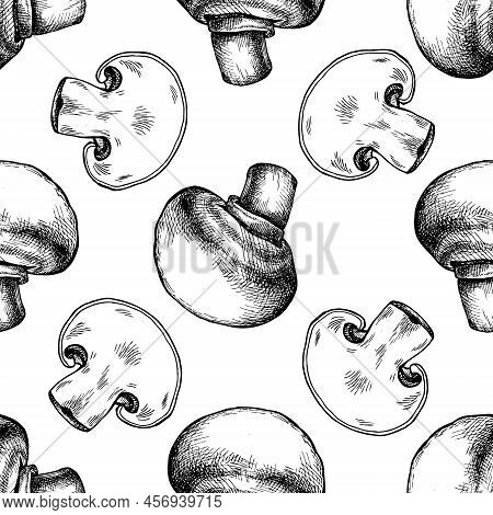 Seamless Pattern With Black And White Champignon Stock Illustration