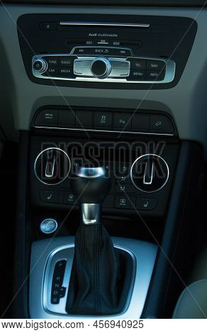 Audi Q3 In Black. Subcompact Luxury Crossover Audi Q3. Close-up Of Multifunction Steering Wheel With