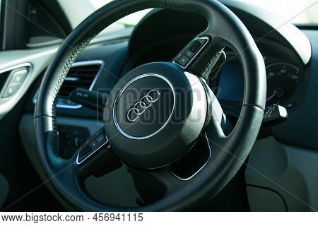 Audi Q3 In Black. Subcompact Luxury Crossover Audi Q3. Close-up Of Multifunction Steering Wheel With