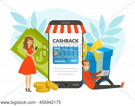 Happy Man And Woman Character Doing Shopping And Receiving Cashback With Smartphone App Vector Illus