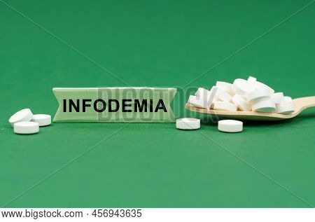 Medicine Concept. On A Green Surface, A Wooden Spoon With Pills And A Sign With The Inscription - In