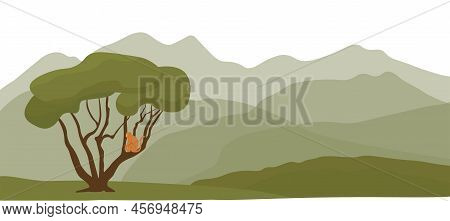Horizontal Panorama Of The Rainforest. Vector Stock Illustration. A Monkey Is Sitting On A Tree. Fog