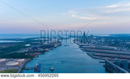 Aerial View Of The Mobile, Alabama Waterfront Skyline At Sunset In June Of 2022