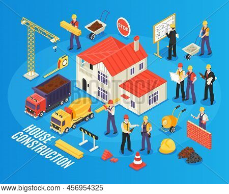 Isometric Building Background With Figures Of Housebuilder Workers And Engineers Transport Construct
