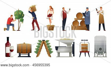 Wine Production Gradient Set With People And Bottles Flat Isolated Vector Illustration