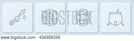 Set Line Poison On The Arrow, Bones And Skull, Petri Dish With Bacteria And Witch Cauldron. White Sq