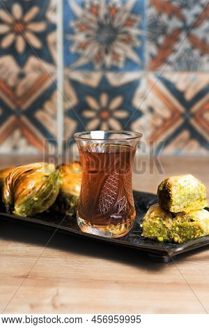 Turkish Pistachio Baklava On Traditional Metal Tray