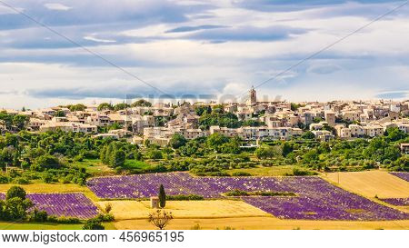 Hilltop Puimoisson Village In France. Summer Provence Landscape With Purple Lavender Fields. Plateau