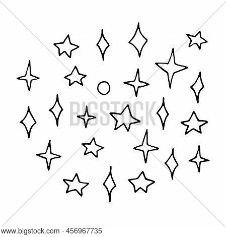 Line Doodle Space Set. Hand-drawn Star Isolated On White Background. Outline Astronomical Object. Un