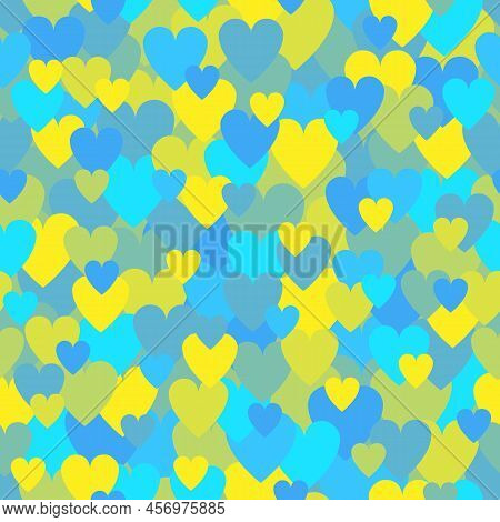 Blue And Yellow Heart Pattern. Decorative Vector Texture For Valentines Day