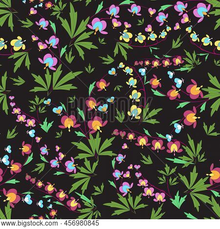 Seamless Dicentra Vector Decorative Pattern On Black Background