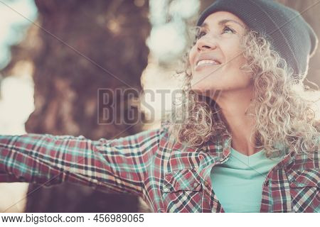 Happiness In Portrait Expression Of Young Adult Attractive Woman Enjoying Outdoor Leisure Activity W