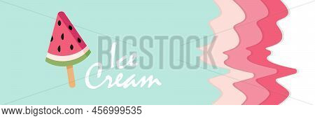 Watermelon Ice Cream Illustration In Colorful Backfround. Vector Summer Fun
