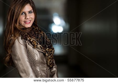 Happy Young Woman Wearing A Beautiful Scarf