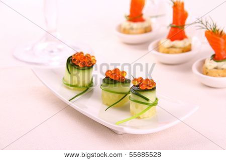 Red Caviar On Fresh Cucumber As Snack