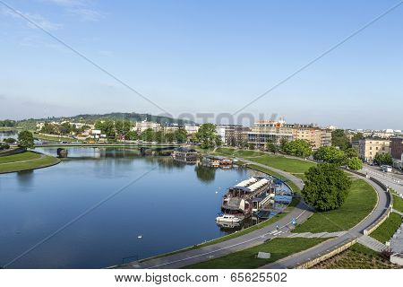 Aerial View Of The Vistula River With Morning View To Old City Of Krakow
