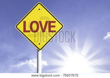 Love road sign with sun background