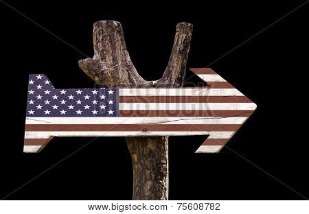 USA wooden sign isolated on black background